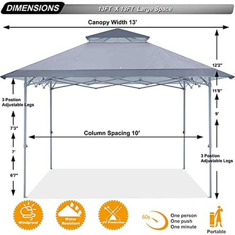 Double Top Canopy Tenda com Ventoinha, Dark Grey Sun Shade, tamanho compacto Bonus Carry Bag, Cordas Estacas e Peso, 169 pés, 13x13