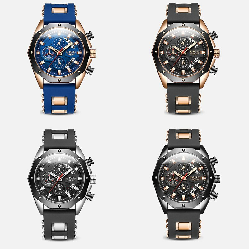 LIGE-Relógio de quartzo de silicone de luxo masculino, Top Brand, Esporte, Data, Relógio, Impermeável, Cronógrafo, Relógio de pulso, Moda