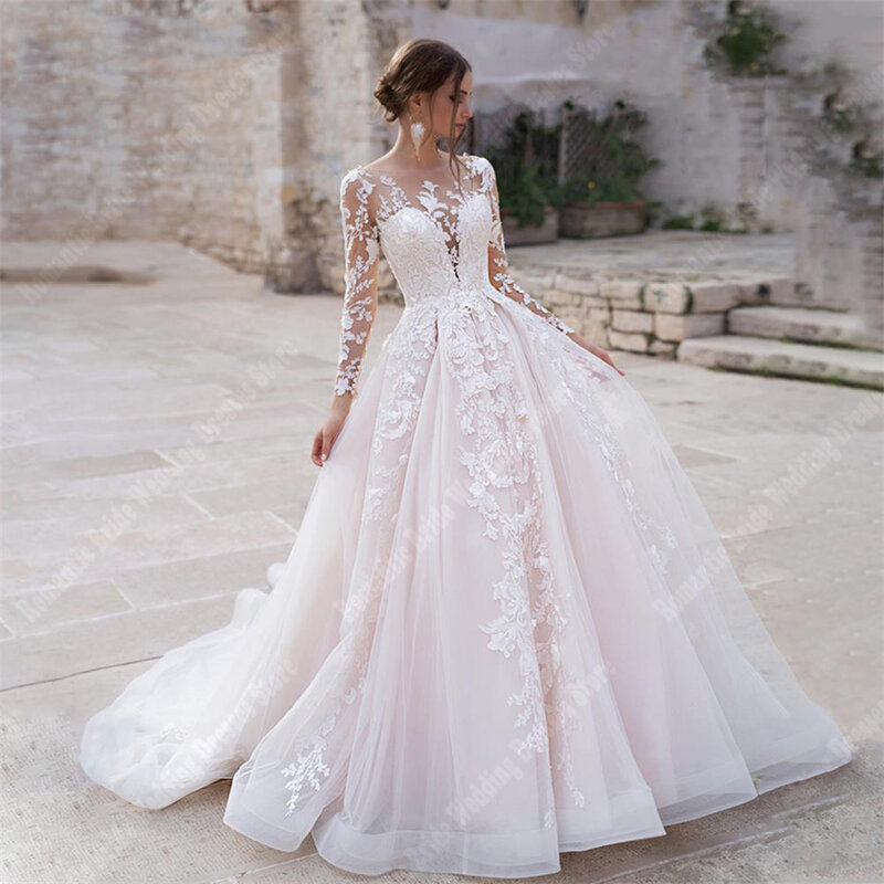 Gaun pernikahan lengan panjang kerah bulat gaun pengantin punggung terbuka Tulle terang panjang pel A line baru gaun pengantin wanita