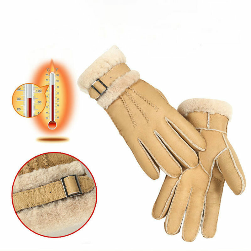 100% Sheepskin Winter Gloves for Women Men Real Cashmere Fur Warm Gloves Ladies Full Finger Genuine Leather Mitten Gloves