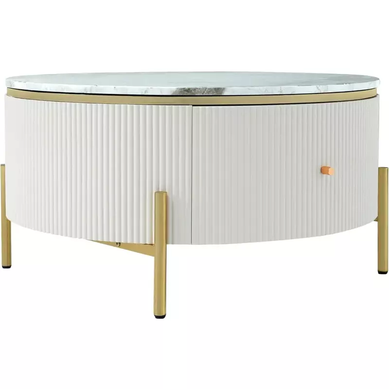 Coffee Table with Drawers Round Drum with Golden Legs Circular Center Tables with Marble Pattern Top, Coffee Table