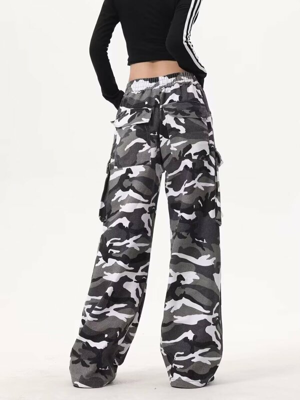 Y2k Baggy Cargo Pants For Women Camo Print Pants Streetwear Hip Hop Joggers Sweatpants Drawstring Casual Loose Wide Leg Trousers