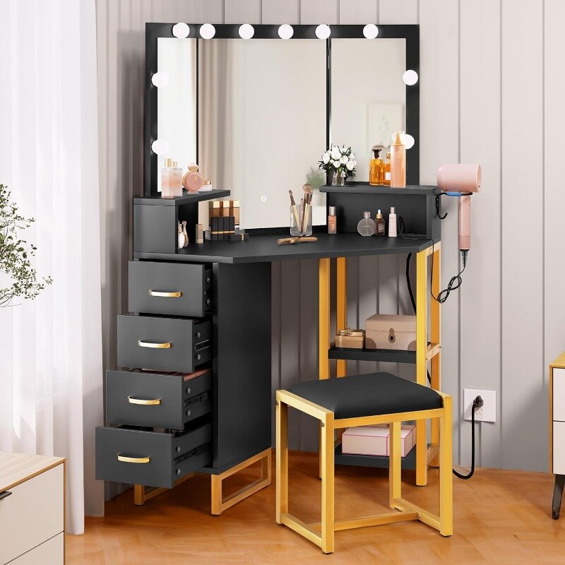 Maquiagem Vanity Desk com Luzes, Vanity Desk com Power Outlet, 3 Opções de Iluminação Coloridas, Vanity Corner com 4 gavetas de armazenamento