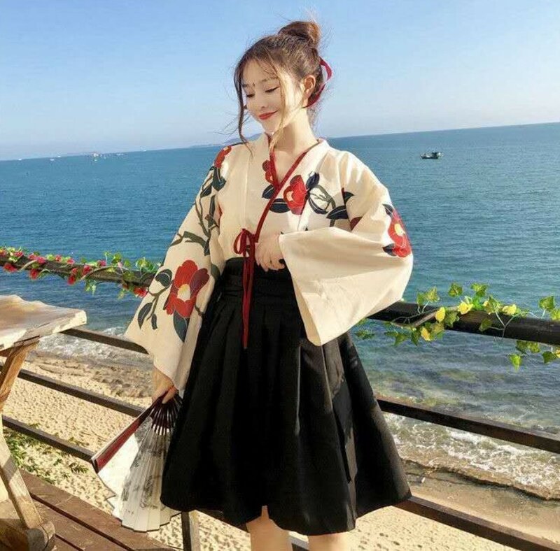 기모노 사쿠라 소녀 일본 스타일 꽃 프린트 빈티지 드레스, 동백 사랑 코스튬, 하오리 유카타 아시아 의류