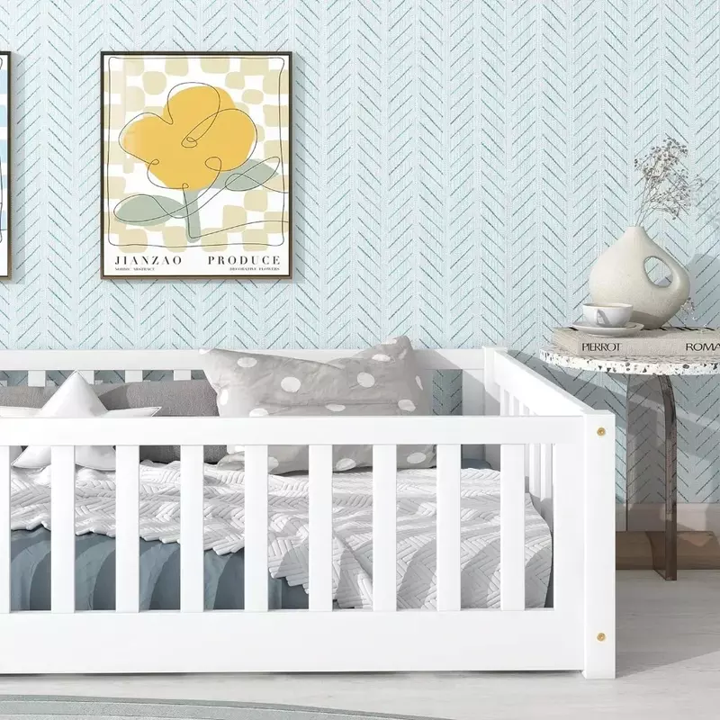 Quadro da cama do assoalho da criança com cerca de segurança e madeira ripas, Montessori Floor Bed, várias cores, Twin Size