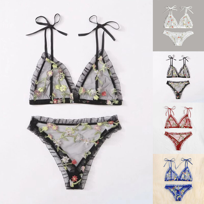 Sexy Womens Floral Lace Bra Set See Through Thin Cute Strap Rope Underwear  T-back Panties Set Perspective Embroidery Lingerie