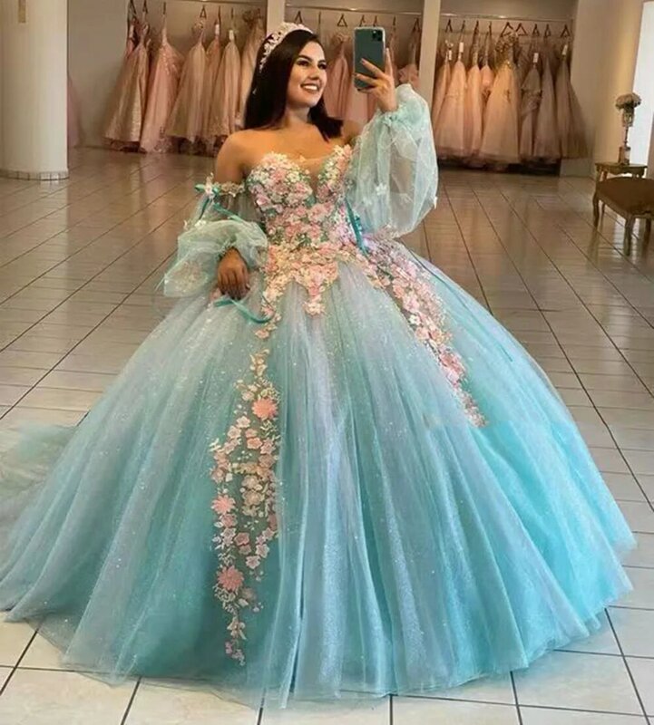 Doymeny Sweetheart Princess Prom Party Dresses Quinceanera Dress 3D Flowers Ball Gown Sweet 15 16 Dress Glitter For Girls