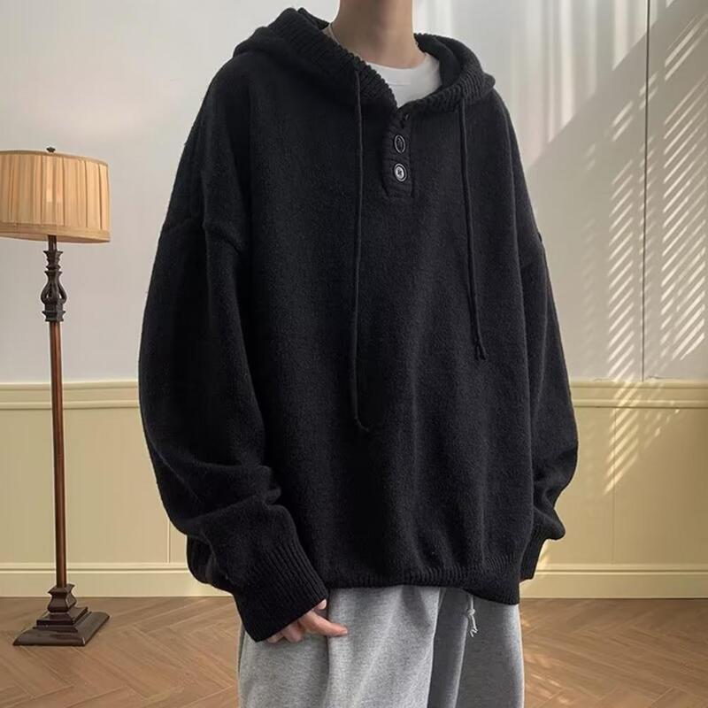 Men Hooded Sweater Vintage Streetwear Men's Button Hooded Sweater with Drawstring Warm Loose Fit Mid Length Plus Size for Men