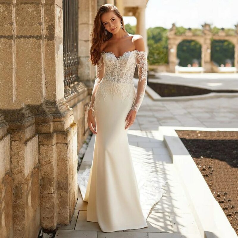 LoveDress V-Neck Wedding Dress Off Shoulder Long Sleeves Lace Appliques Modern Mermaid Bride Gown Backless Train Robe de mariée