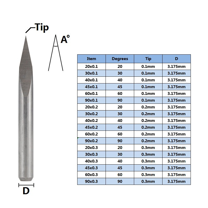 10 pz CNC incisione Bit 3 Edge Pyramid punte per incisione 3.175mm Shank 20-90D carburo End MillCNC Router Bit fresa