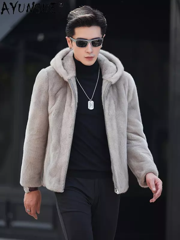 AYUNSUE cappotto di pelliccia naturale con cappuccio giacche invernali da uomo 2023 giacca di pelliccia di visone reale di lusso cappotti di pelliccia Casual Abrigos Invierno Hombre