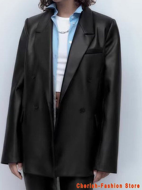 Mantel Blazer kulit imitasi kancing depan wanita, jaket Luaran Vintage Lengan Panjang penutup bersaku untuk wanita