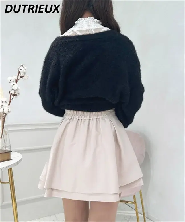 Mini saia plissada com zíper lateral kawaii, cintura alta, dupla camada elástica, saia calça curta para menina, estilo japonês, doce e fofo