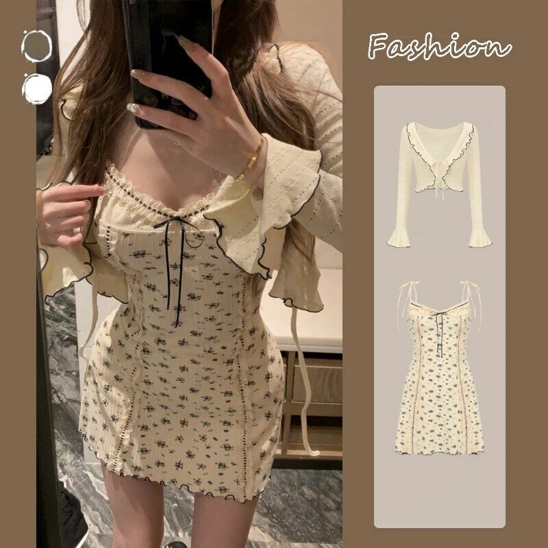 2024 Vintage Clothing 2 Piece Dress Sets Women Casual Y2k Crop Top Blouse + Floral Mini Dress Even Party Korean Fashion Suits