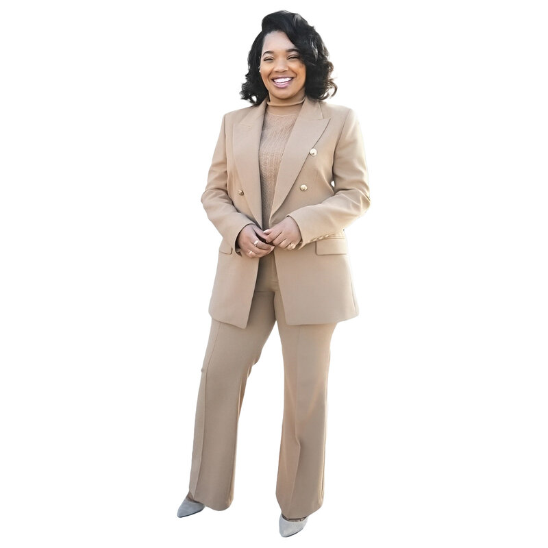 Tesco-chaqueta con doble botonadura para mujer, conjunto de chaqueta y pantalones de pierna ancha para oficina, color caqui, 2024