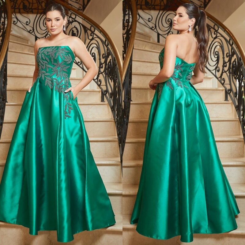 Satin Applique Homecoming A-line Strapless  Bespoke Occasion Gown Long Dresses