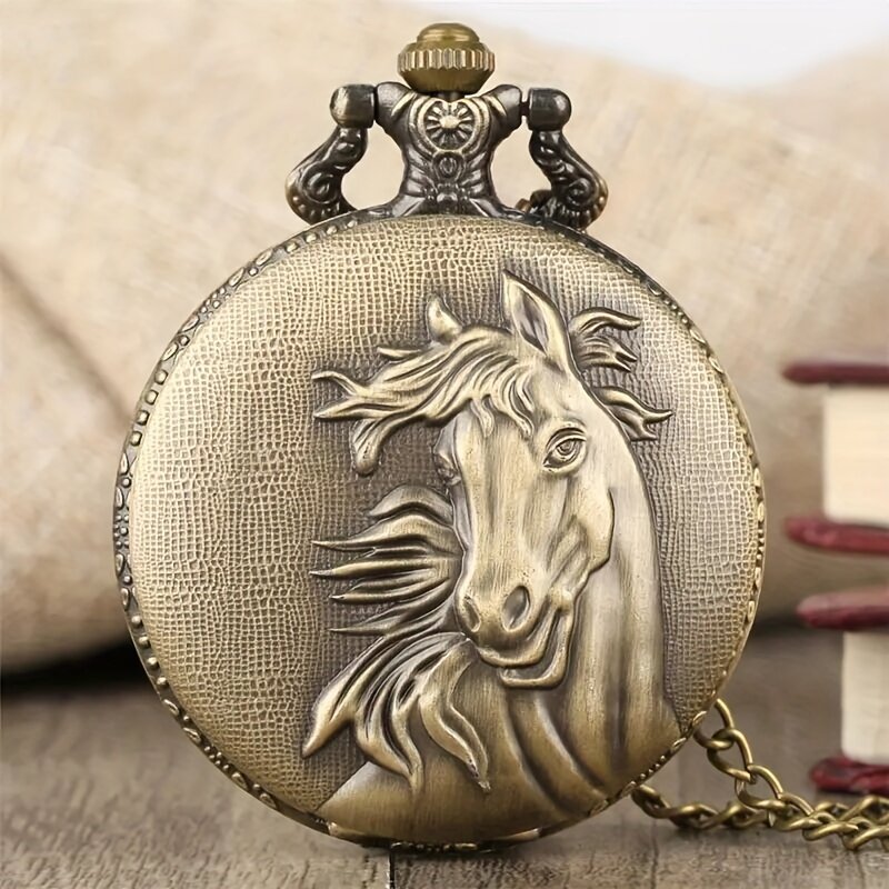 Orologio al quarzo da tasca con ciondolo da caccia a cavallo in bronzo retrò, accessori per abbigliamento, regalo per uomo e donna