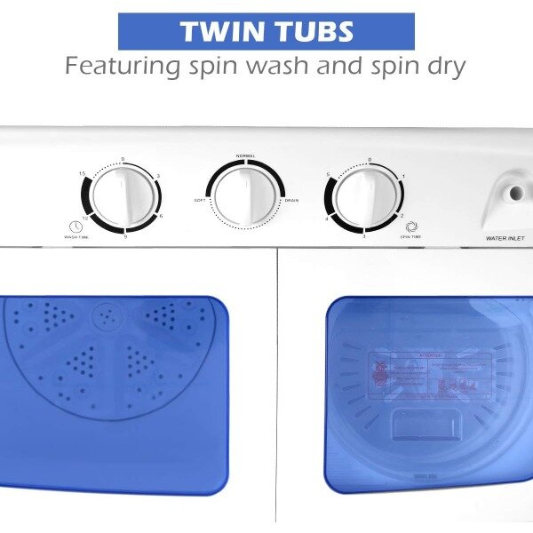 Giantex Draagbare Mini Compacte Twin Tub Wasmachine 20lbs Wasmachine Spanje Spinner Draagbare Wasmachine, Blauw + Wit