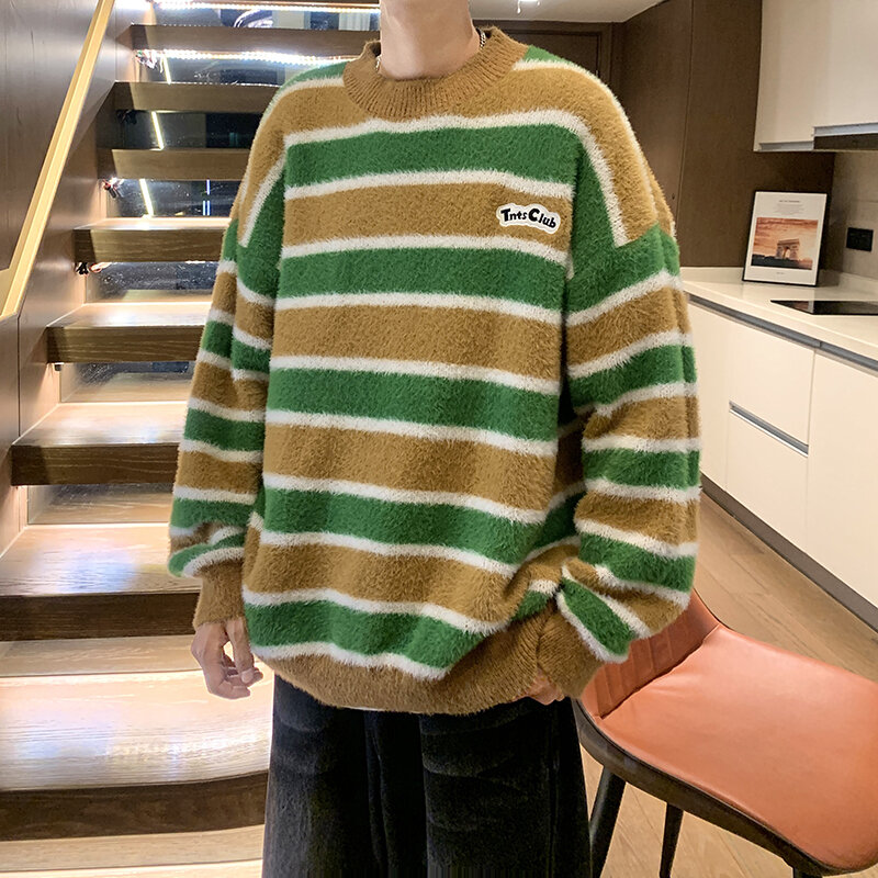 Полосатые свитера, мужские мешковатые ретро-свитера со вставками, подходящие ко всему, простой уличный стиль в японском стиле, осенне-зимняя молодежная одежда Ins