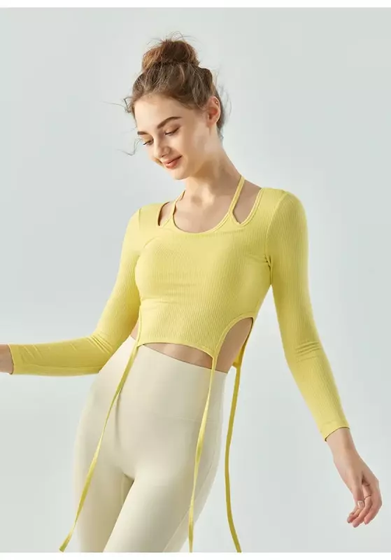 Ins Han Feng Yoga Top Long Sleeve Autumn Semi-fixed Cup With Chest Cushion Sling Neck Sexy Dance Fitness Clothes
