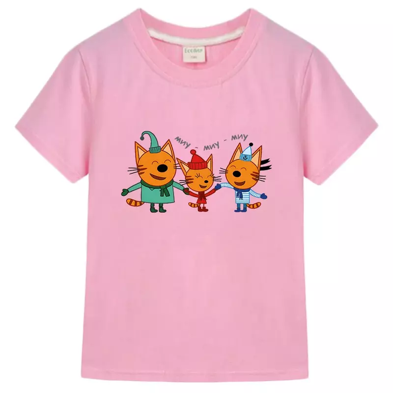 T-shirt imprimé trois chatons pour enfants, t-shirts drôles de dessin animé pour enfants, vêtements d'été russes pour filles, vêtements pour enfants, bébé, garçons