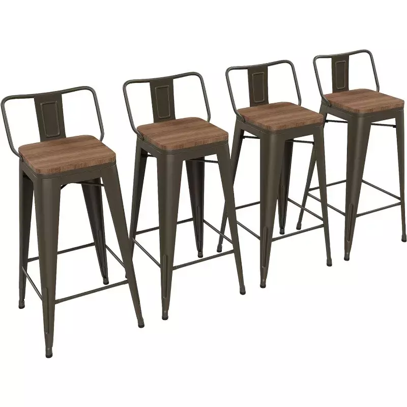 26 inch Bar Stools Set of 4 Kitchen Counter Height Barstools with Wood Seat Metal Low Back Bar Chairs