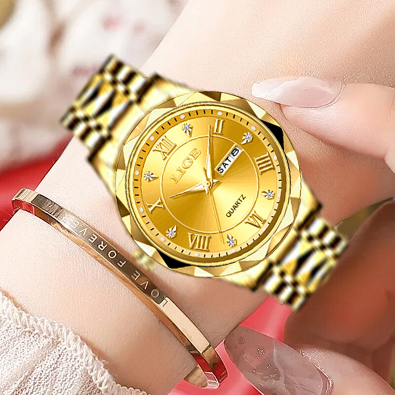 LIGE jam tangan bercahaya wanita, arloji gaun Stainless Steel Quartz tanggal emas tahan air + kotak
