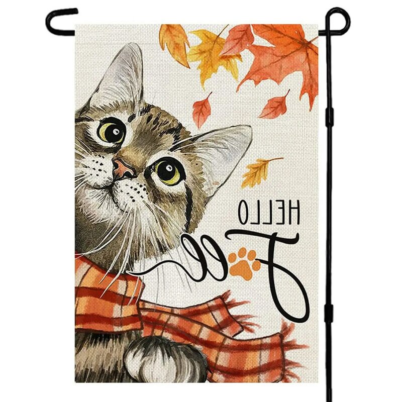 Bendera taman kucing musim gugur Thanksgiving, potret kucing daun Maple warna-warni untuk halaman dan Taman