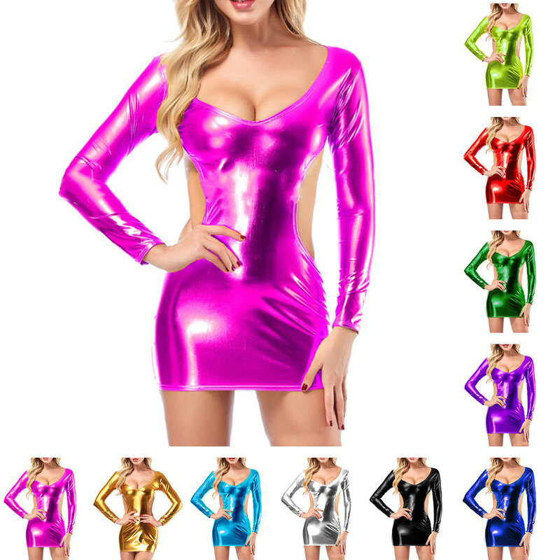 Stilvolle Tanz Clubwear Frauen \\\'s glänzendes Wetlook Bodycon Kleid rücken freies Kunstleder Kleid mehrere Farben freie Größe