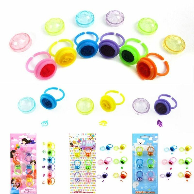 6 stücke selbst färbendes Siegel mädchen bevorzugt Diamantringe Stempel kissen Cartoon Rings tempel lustige Spielzeug belohnung kinder