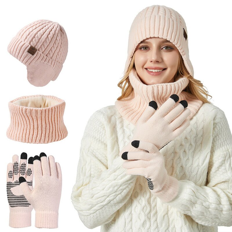 หมวกถักนิตติ้งสำหรับสุภาพสตรี, เซ็ตสองชิ้นสำหรับทุกเพศหมวกอบอุ่นเกล็ดหิมะหนาหัวใหญ่ฤดูหนาว