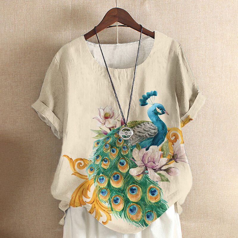 여성용 라운드넥 반팔 티셔츠, 루즈한 화이트 컬러 블라우스, 캐주얼 상의 플러스 사이즈, 공작 3D 프린트, 여름 신상 패션