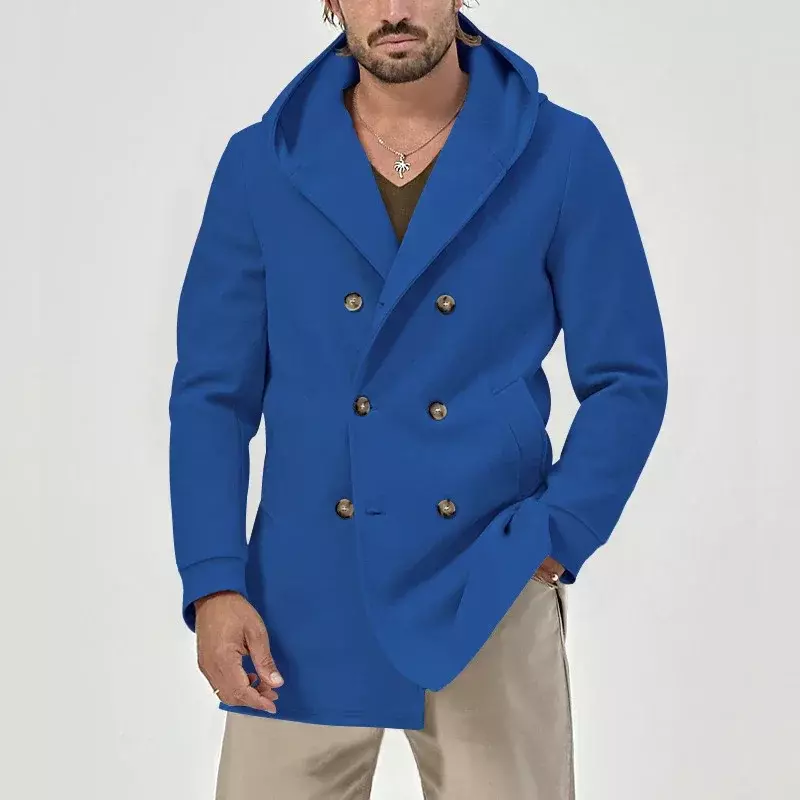 Повседневная однотонная двубортная приталенная куртка, Мужская модная куртка с длинным рукавом, Мужская одежда, зимняя, осенняя, ветровка средней длины с капюшоном