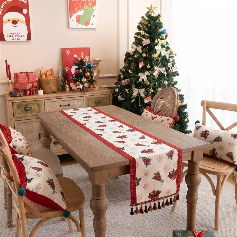 Christmas Table Runner Red Elk Christmas Tree Embroidery Tablecloth with Tassels Home Dining Table Holiday Decor Table Linen