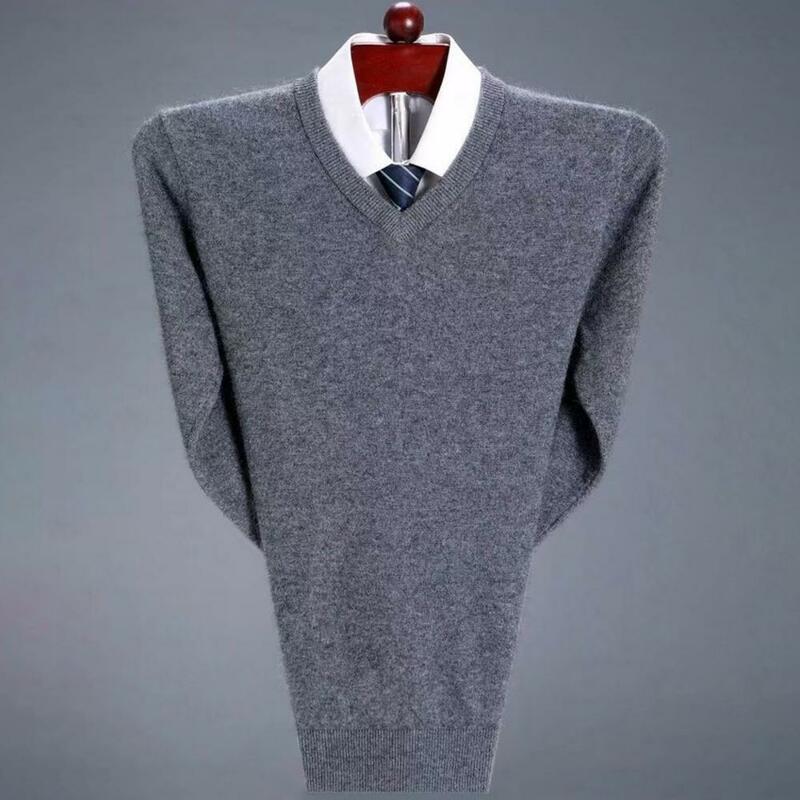 Base Layer Shirt Pullover Sweater Men's V Neck Solid Color Knitted Sweater Fall Winter Thick Pullover Soft Elastic Mid Length