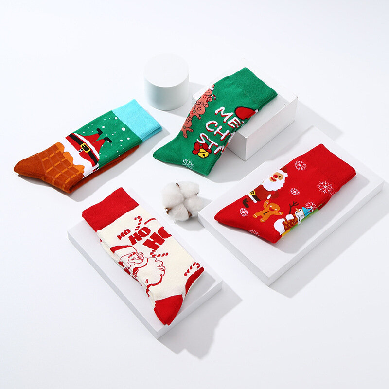 Cute Cartoon Christmas Socks para mulheres e homens, Meias Mid Tube, Algodão, Papai Noel, Veados, Moda, Kids Gift, Atacado
