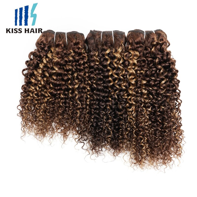 Jerry Curly-Paquete de cabello humano brasileño, extensión de cabello rizado de 50 gramos, color marrón, rubio miel mezclado, estilo Bob, P4/27