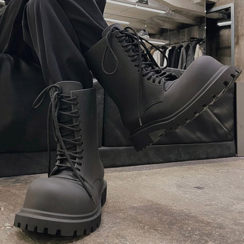 Мужские ботинки на платформе, высокие, с круглым носком, износостойкие, на металлической молнии, нескользящие, черные, в рыцарском стиле