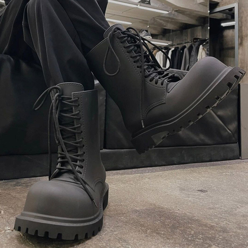 Botas de caballero negro con cabeza de plataforma para hombre, botas altas de cabeza redonda, Doc Martens, antideslizantes, resistentes al desgaste, con cremallera de Metal