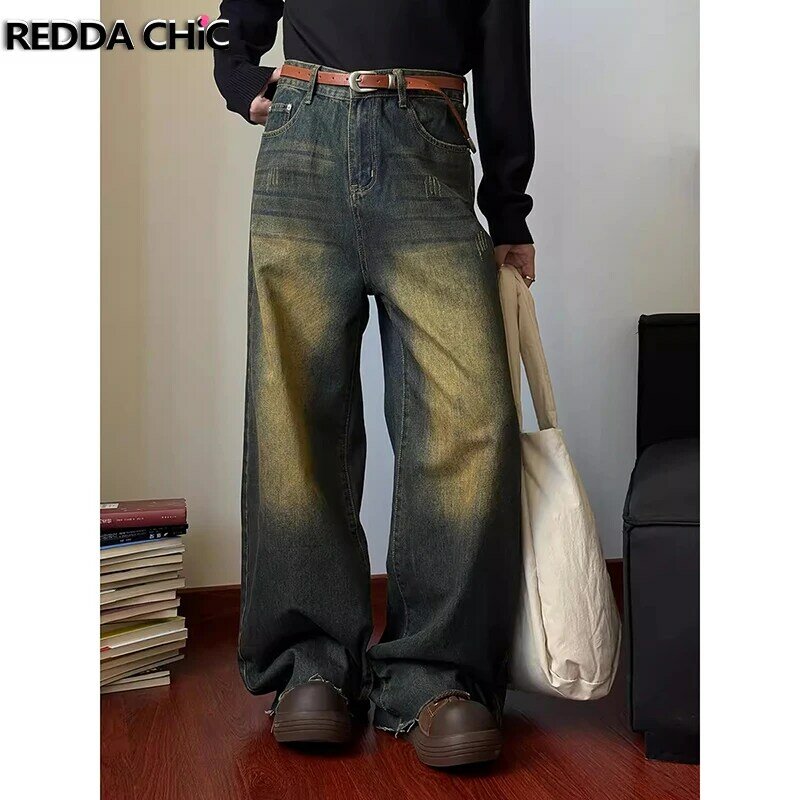 REDDACHiC Retro Green Wash allunga i Jeans larghi da uomo Raw Edge baffi Distressed pantaloni a gamba larga a vita bassa Y2k Streetwear coreano
