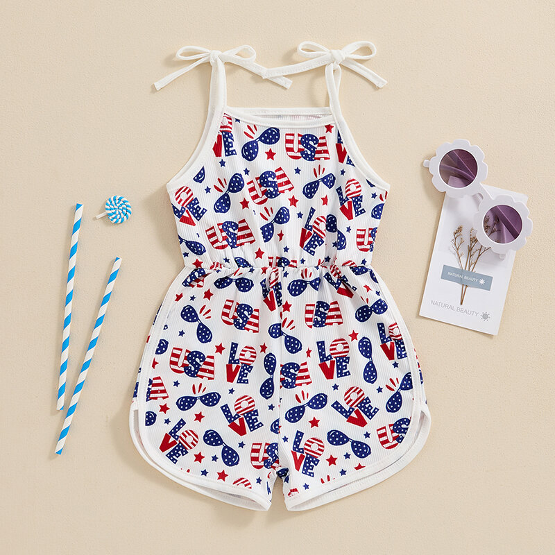 2024-04-01 lioraitiin 1-5Y Summer Kid Girls Jumpsuit Tie-up Spaghetti Straps Stars Print Romper 4th of July Clothes