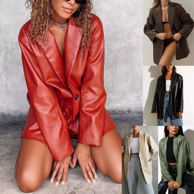 Женский кожаный пиджак из ПУ кожи, свободного покроя, с длинным рукавом