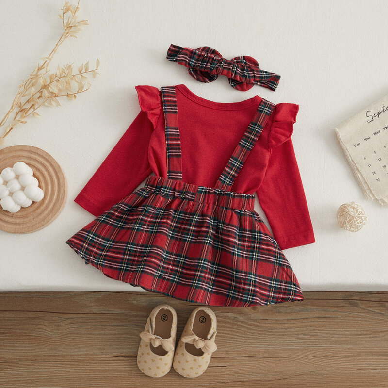 Visogo-女の赤ちゃんのクリスマスの衣装、フリルの長袖ロンパース、漫画のelk刺embroidery、市松模様のフレアスカート、ヘッドバンド、3個
