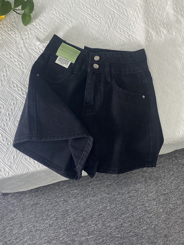 Женские джинсовые шорты-багги в готическом стиле, черные винтажные джинсовые штаны в стиле Харадзюку, уличная одежда Y2k, летние трапециевидные шорты с высокой талией