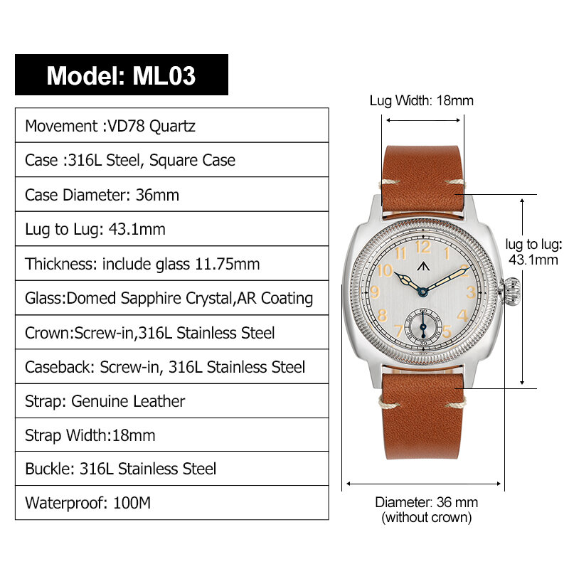Militado นาฬิกาควอทซ์ ML03 VD78 1926ประดับคริสตัลแซฟไฟร์ตัวเรือนสแตนเลสนาฬิกาโรมันกันน้ำ100ม.