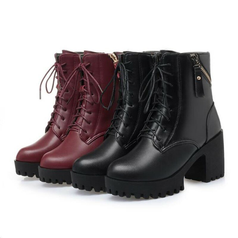 AIYUQI 2024 new winter women boots genuine leather high heel thick heel platform warm wool boots wedding shoes red