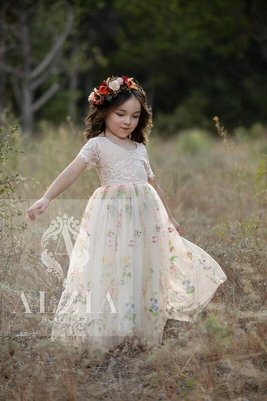 Sage Green Embroidery Long Princess Flower Girl Dresses Tulle short Sleeve Wedding Party Ball Gown Birthday Boho Dress for Girls
