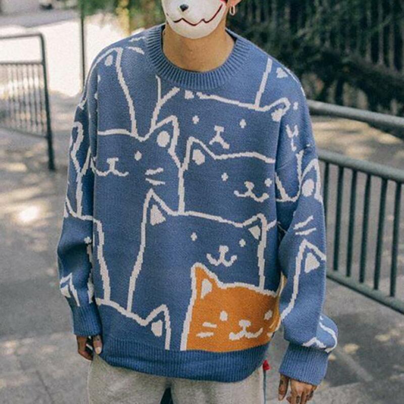 남성용 긴팔 스웨터, 일본 레트로 하라주쿠 만화 고양이 니트 스웨터, 오버사이즈 풀오버 상의, 빈티지 겨울