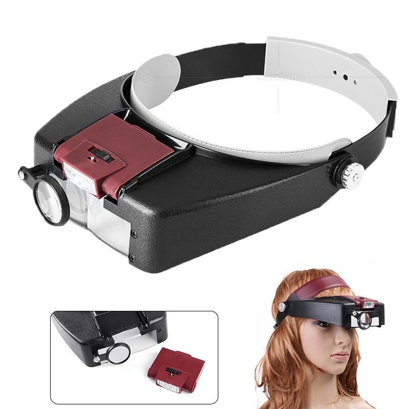 Kaca pembesar LED, 10X Headband kacamata pembesar ukuran dapat disesuaikan untuk membaca Optivisor kaca pembesar bercahaya