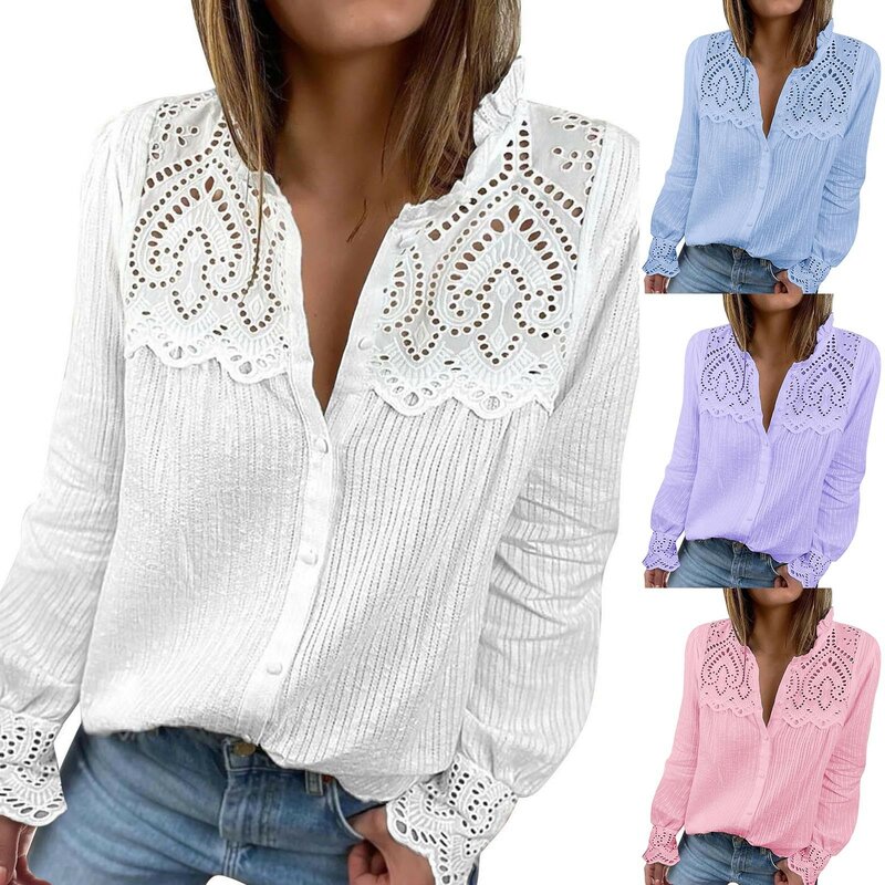 Women's Cotton Comfortable Breathable Sweat Absorbing Pastoral Style Hollow Out Lace Edge Long Sleeved Shirts